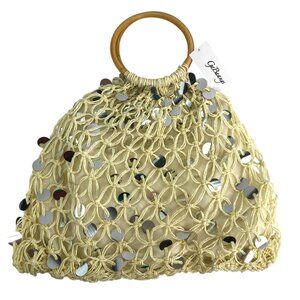 Vintage Style GaBaangs Handbag Beige Woven Macramé Sequin Details Bamboo Handles